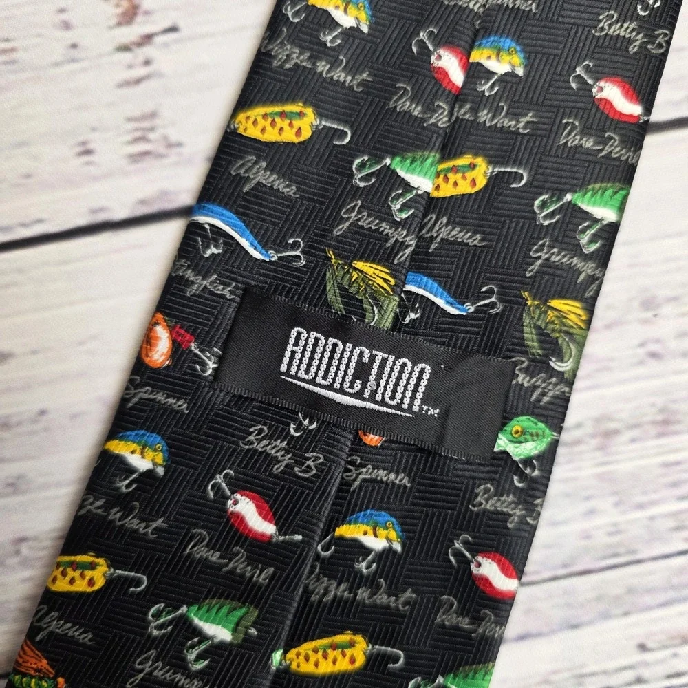 Addiction Polyester Men's Black Neck Tie Fishing Lures Fishermen Tackle Dad Gift